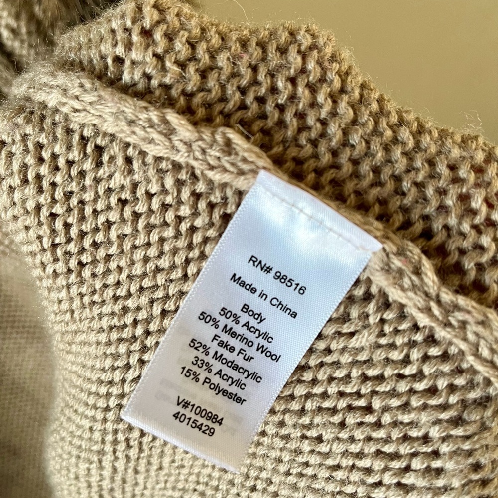 Coldwater Creek Beige Poncho/Sweater with Faux Fur Trim -M/L- Merino Wool Blend - Picture 8 of 10